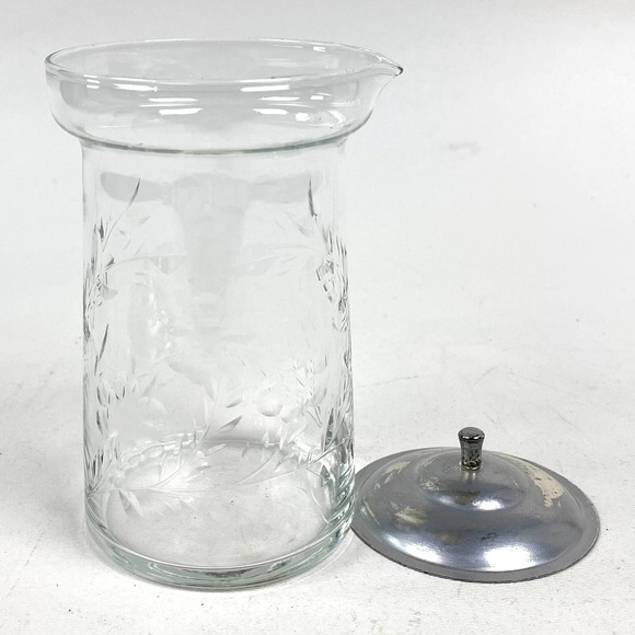 Depression Clear Glass Creamer with Metal Lid Etched Floral Vine - Picture 6 of 11